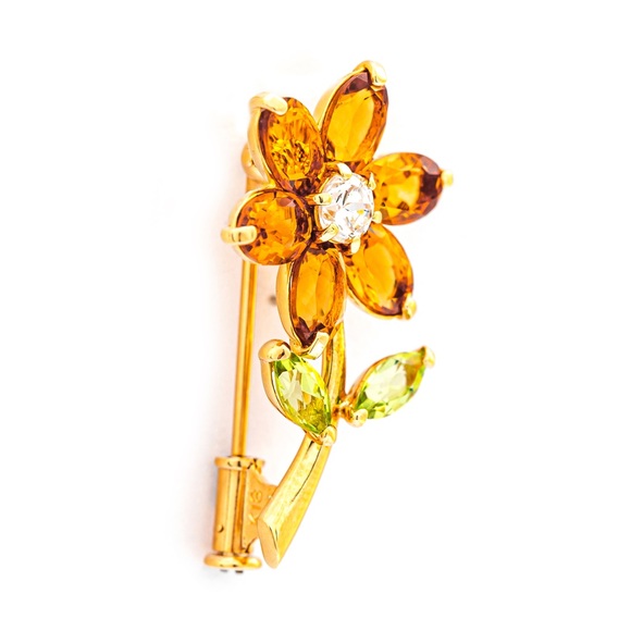AIG Certified 5.20ct Natural Citrine Peridot Zirconia Floral Brooch - 18K Gold - Picture 6 of 8